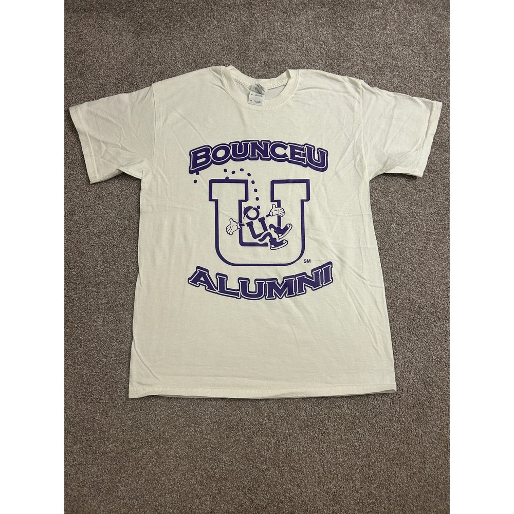BounceU Alumni T-Shirt Mens Medium White Purple Graphic Excellent Tee
